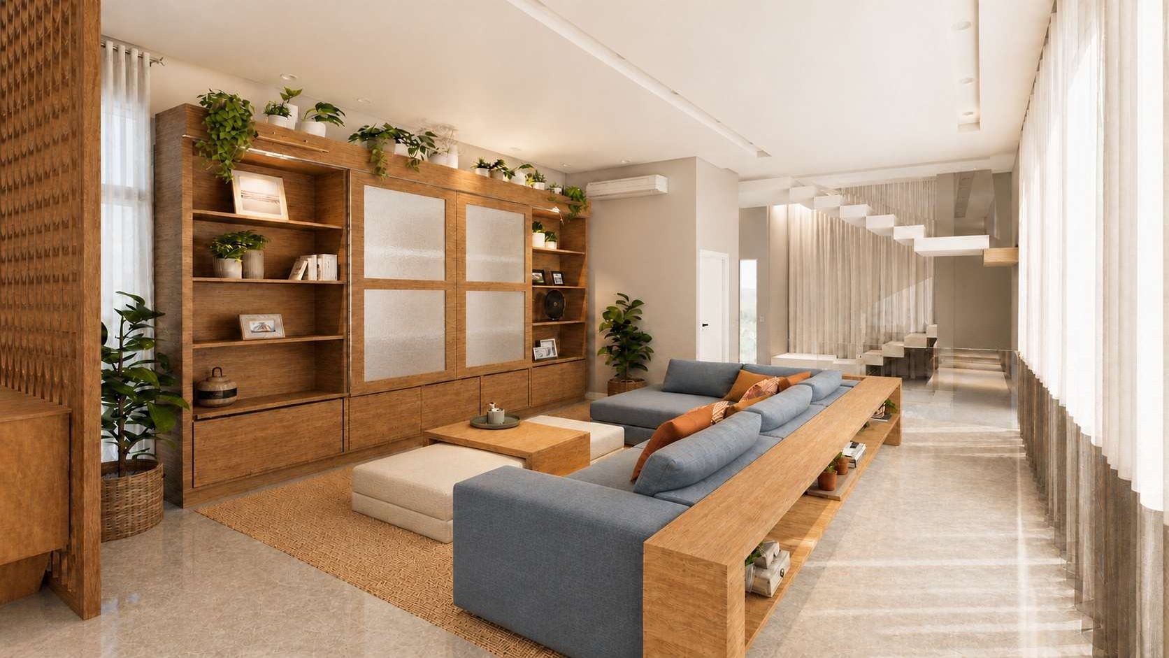 Sala de estar com estante em madeira e sofá em L azul