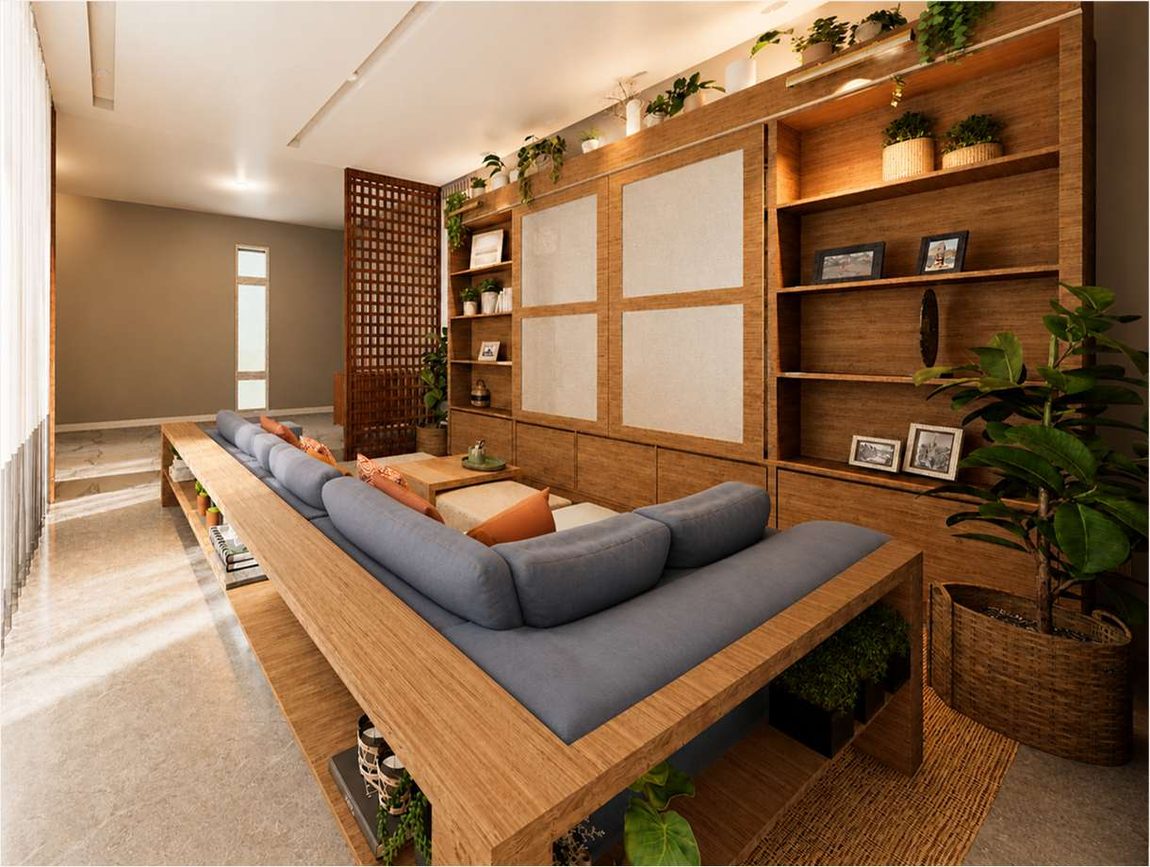 Render da sala com prateleiras à mostra