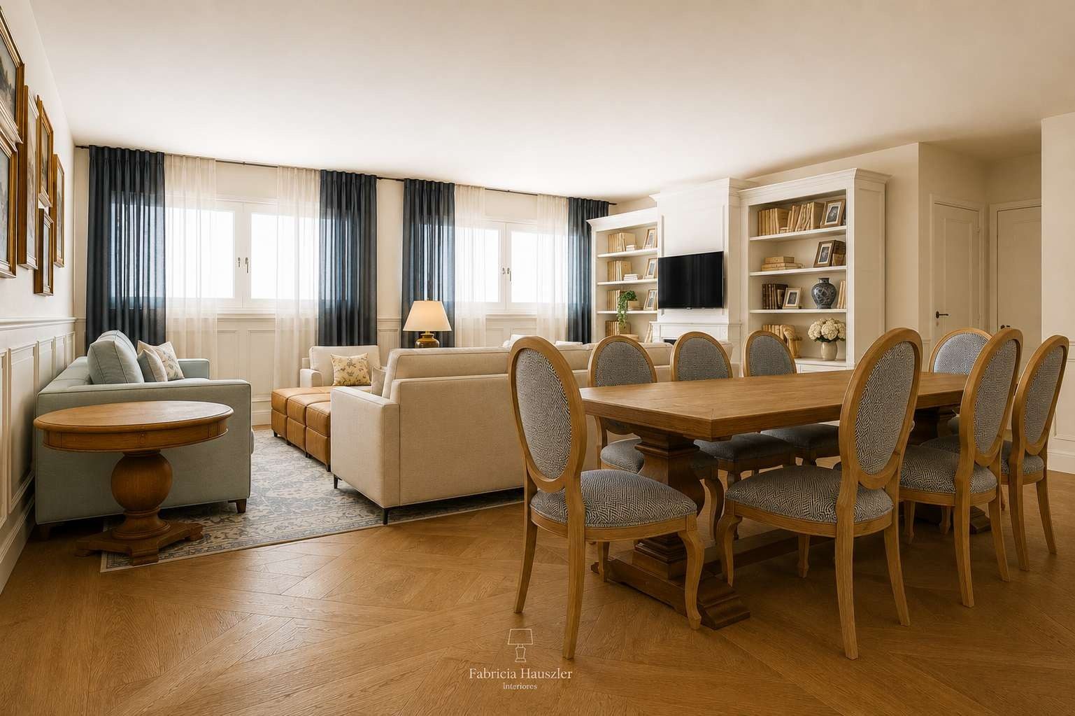 Sala de estar e jantar integradas, em estilo clássico