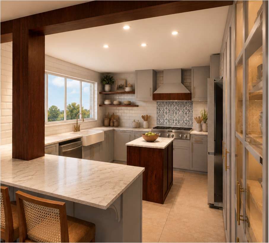 Render da cozinha em azul suave