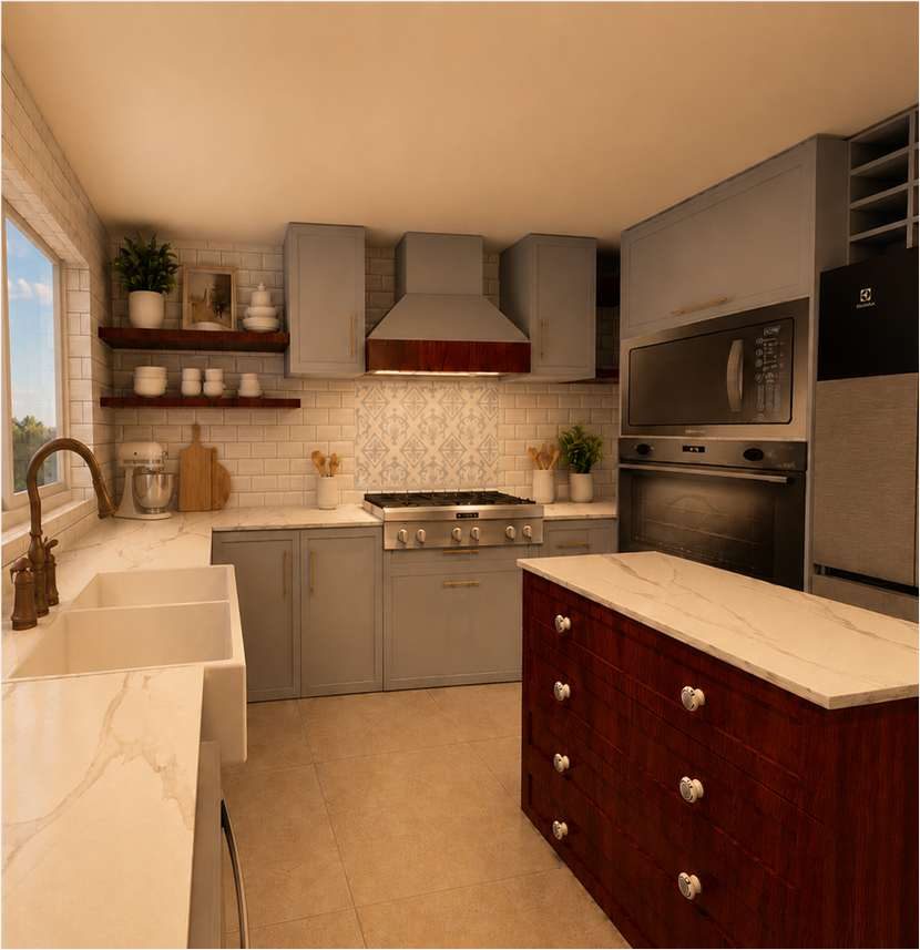 Render da área de cocção com farm sink