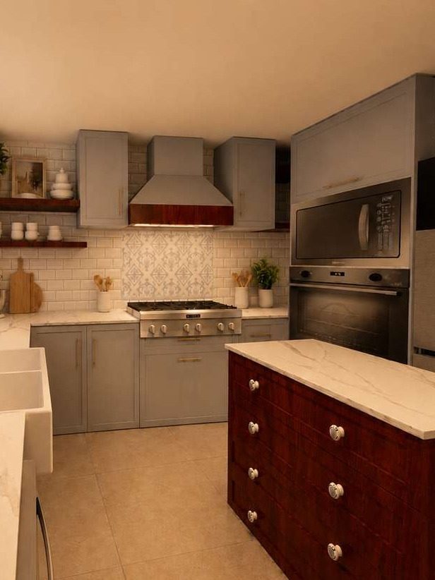 Detalhe da área de cocção com ladrilho decorativo