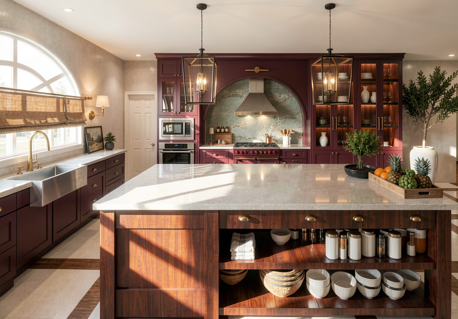 Render da cozinha com marcenaria bordô e ilha em nogueira