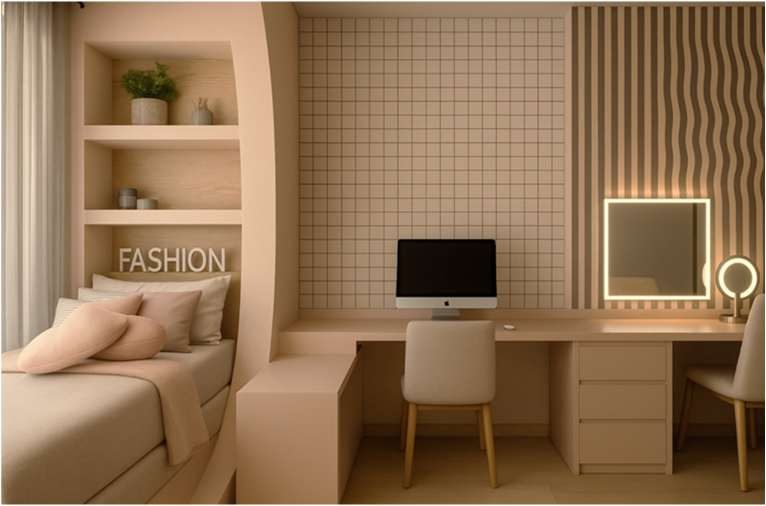 Quarto com escrivaninha e nicho iluminado