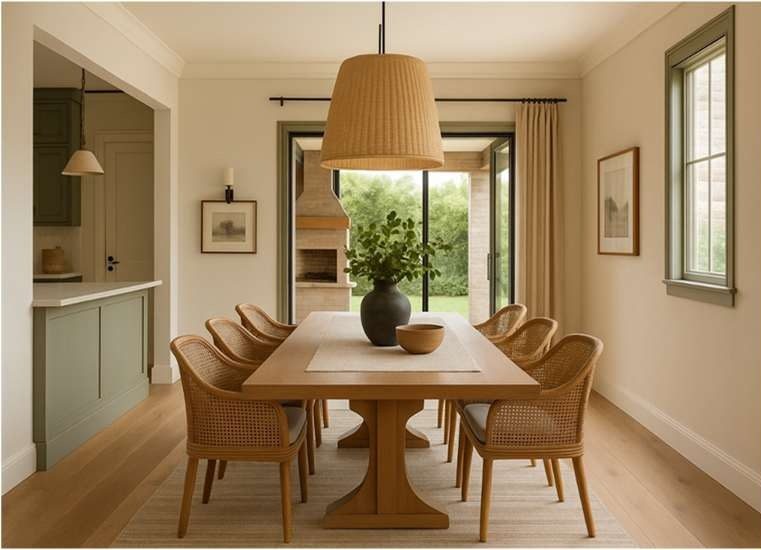 Sala de jantar clássica com mesa de madeira