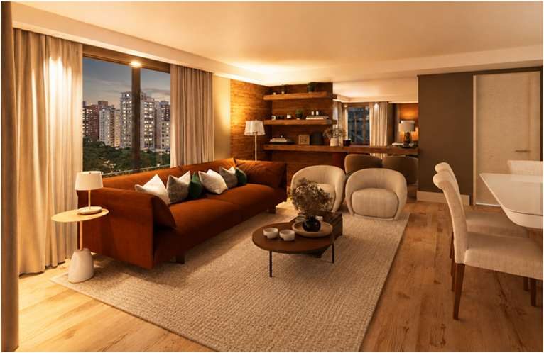 Sala de estar com sofá terracota