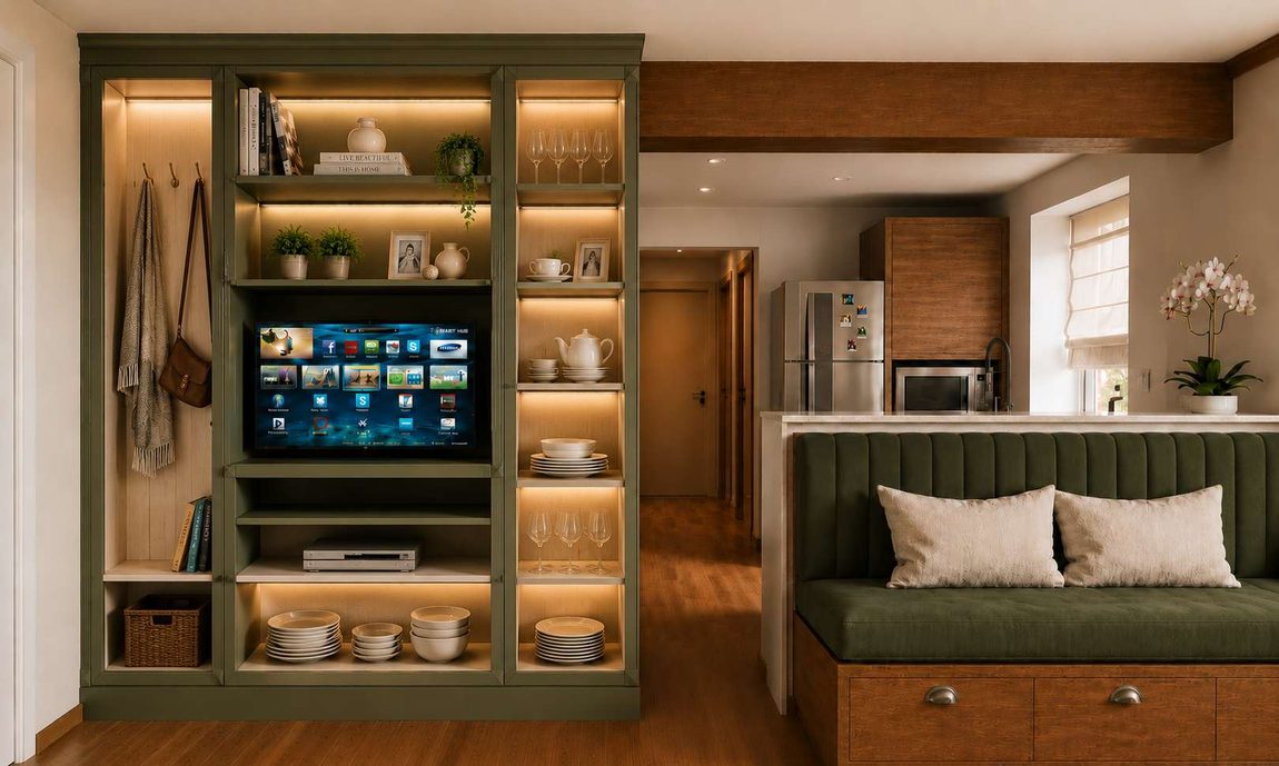 Render da estante de TV em verde-sálvia