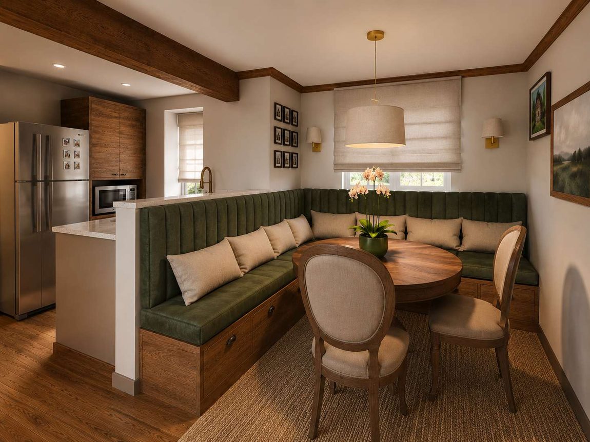 Sala de jantar com canto alemão estofado em verde-musgo